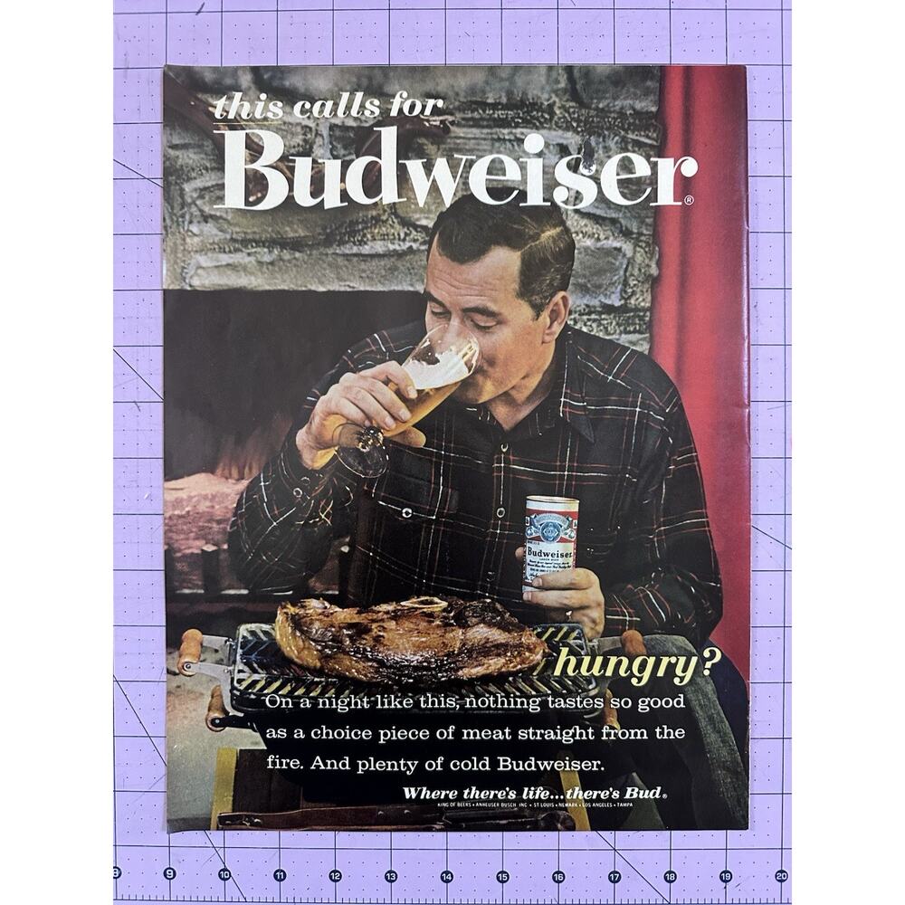 1962 BUDWEISER Can Big Steak Man Drinks Vintage Print Ad
